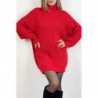 Robe pull rouge effet maille coupe droite manche bouffante et col montant