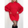 Robe pull rouge effet maille coupe droite manche bouffante et col montant