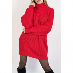 Robe pull rouge effet maille coupe droite manche bouffante et col montant