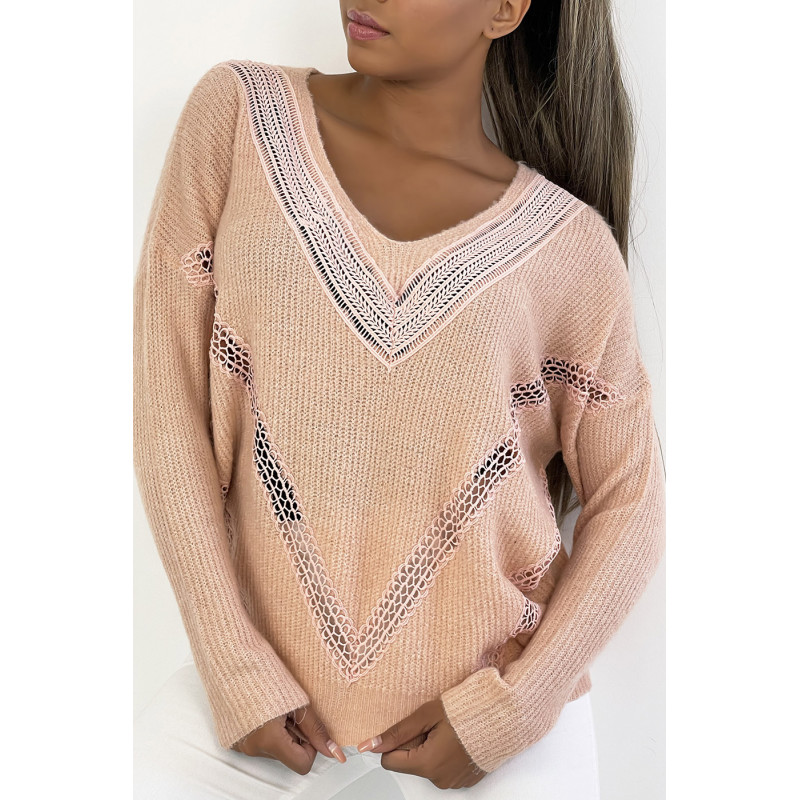 Pull col V en rose over size avec dentelle dans une belle matière douce