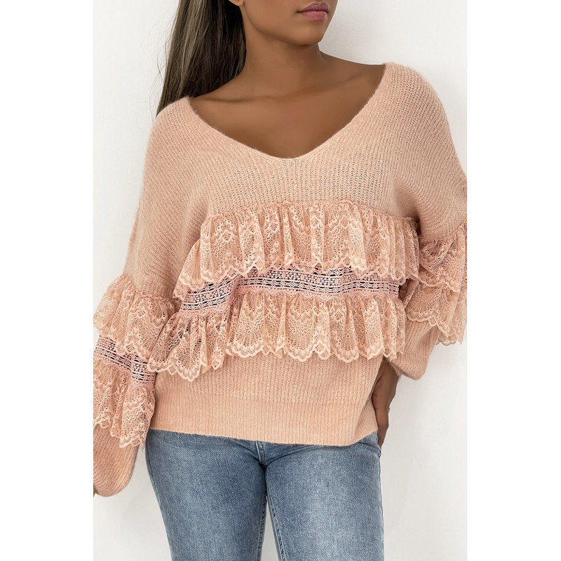 Pull femme col V  over size en rose avec volant en dentelle