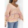 Pull femme col V  over size en rose avec volant en dentelle