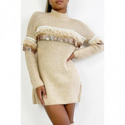 Long pull femme col montant en taupe avec volant dentelle et paillette