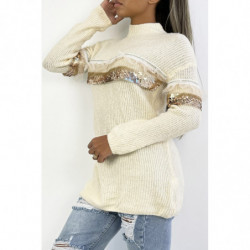 Long pull femme col montant en beige avec volant dentelle et paillette