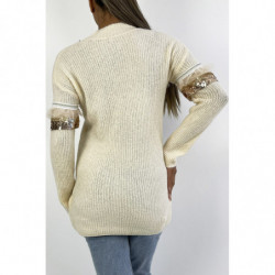 Long pull femme col montant en beige avec volant dentelle et paillette