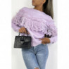 Pull lilas tombant avec volant en dentelle et broderie