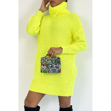 Robe pull jaune fluo col roulé effet maille droite longueur parfaite douce chaleureuse et stylée