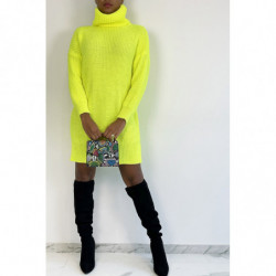 Robe pull jaune fluo col roulé effet maille droite longueur parfaite douce chaleureuse et stylée