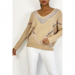 Pull col V en taupe over size avec dentelle dans une belle matière douce