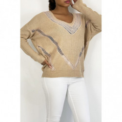 Pull col V en taupe over size avec dentelle dans une belle matière douce