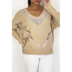 Pull col V en taupe over size avec dentelle dans une belle matière douce