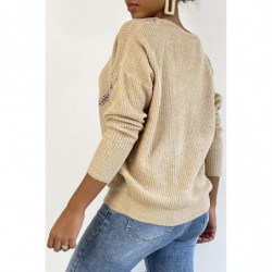 Pull col V en taupe over size avec dentelle dans une belle matière douce