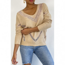 Pull col V en taupe over size avec dentelle dans une belle matière douce