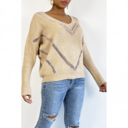 Pull col V en taupe over size avec dentelle dans une belle matière douce