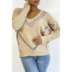 Pull col V en taupe over size avec dentelle dans une belle matière douce