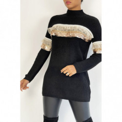 Long pull femme col montant en noir avec volant dentelle et paillette