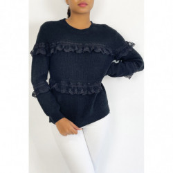 Pull col rond noir à détails volants ajourés