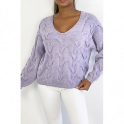 Pull court à manche longue lilas effet maille pailleté avec jeu de relief et col V