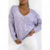 Pull court à manche longue lilas effet maille pailleté avec jeu de relief et col V