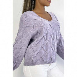 Pull court à manche longue lilas effet maille pailleté avec jeu de relief et col V