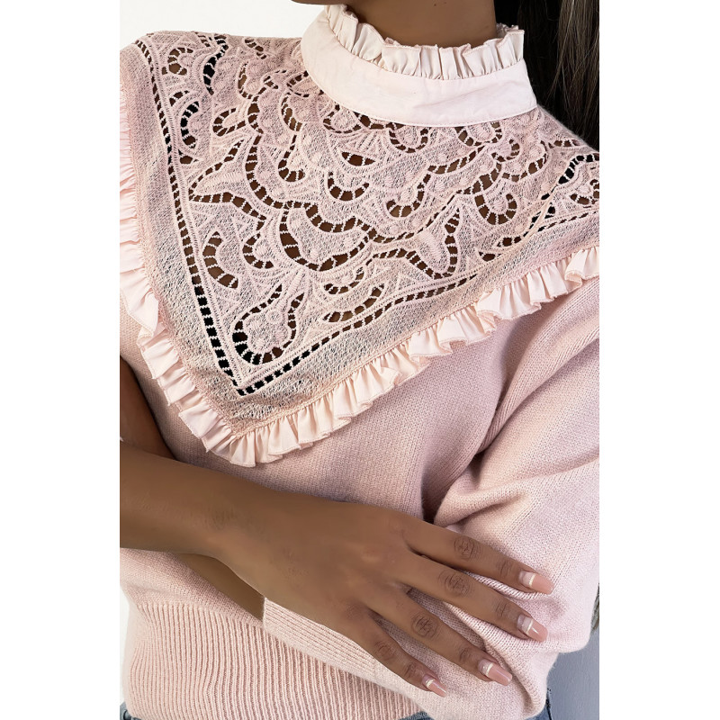 Pull très chic rose poudré à manches longues et col montant ajouré