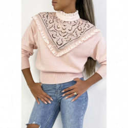 Pull très chic rose poudré à manches longues et col montant ajouré