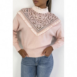 Pull très chic rose poudré à manches longues et col montant ajouré