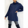 Pull long bleu marine gros col roulé effet maille avec détail tresse style bohème chic