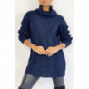 Pull long bleu marine gros col roulé effet maille avec détail tresse style bohème chic