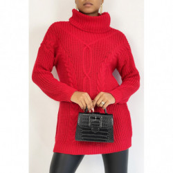 Pull long  rouge gros col roulé effet maille avec détail tresse style bohème chic