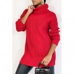 Pull long  rouge gros col roulé effet maille avec détail tresse style bohème chic