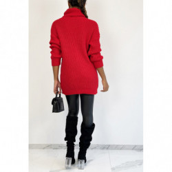 Pull long  rouge gros col roulé effet maille avec détail tresse style bohème chic