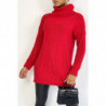 Pull long  rouge gros col roulé effet maille avec détail tresse style bohème chic