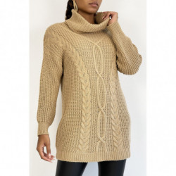 Pull long  camel gros col roulé effet maille avec détail tresse style bohème chic