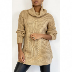 Pull long  camel gros col roulé effet maille avec détail tresse style bohème chic