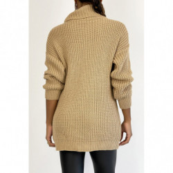 Pull long  camel gros col roulé effet maille avec détail tresse style bohème chic