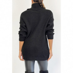 Pull long noir gros col roulé effet maille avec détail tresse style bohème chic