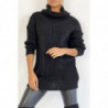 Pull long noir gros col roulé effet maille avec détail tresse style bohème chic