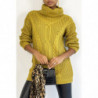 Pull long jaune moutarde gros col roulé effet maille avec détail tresse style bohème chic