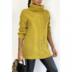 Pull long jaune moutarde gros col roulé effet maille avec détail tresse style bohème chic