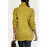 Pull long jaune moutarde gros col roulé effet maille avec détail tresse style bohème chic