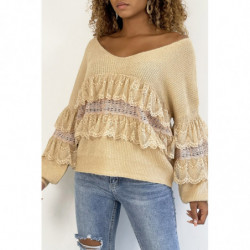 Pull femme col V over size en camel avec volant en dentelle