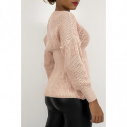 Pull mi-long rose effet maille avec col plongeant cintré à la taille et manche ample serrée au poignet