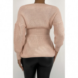 Pull mi-long rose effet maille avec col plongeant cintré à la taille et manche ample serrée au poignet