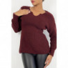 Pull mi-long bordeaux effet maille avec col plongeant cintré à la taille et manche ample serrée au poignet