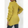 Robe pull jaune moutarde effet maille avec col montant et manche bouffantes à relief