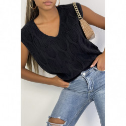 Pull noir sans manche en col V avec joli motif tressé