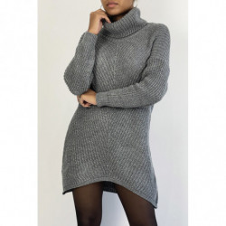 Pull col roulé long, épais et asymétrique gris foncé pailleté