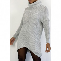 Pull col roulé long, épais et asymétrique gris pailleté