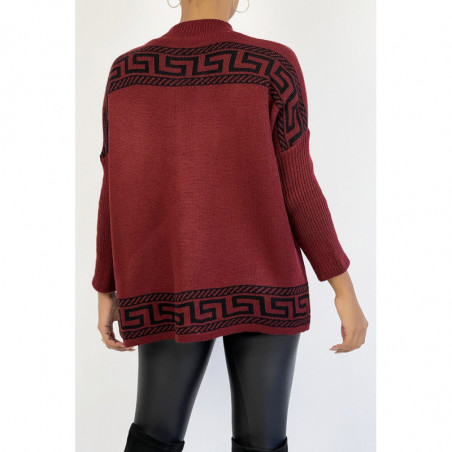 Pull oversize rouge bordeaux à motif grec